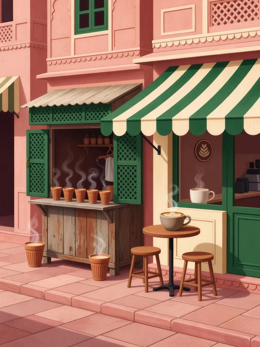 Illustration: a chai stall with clay kulhads next to a coffee cafe with a striped awning