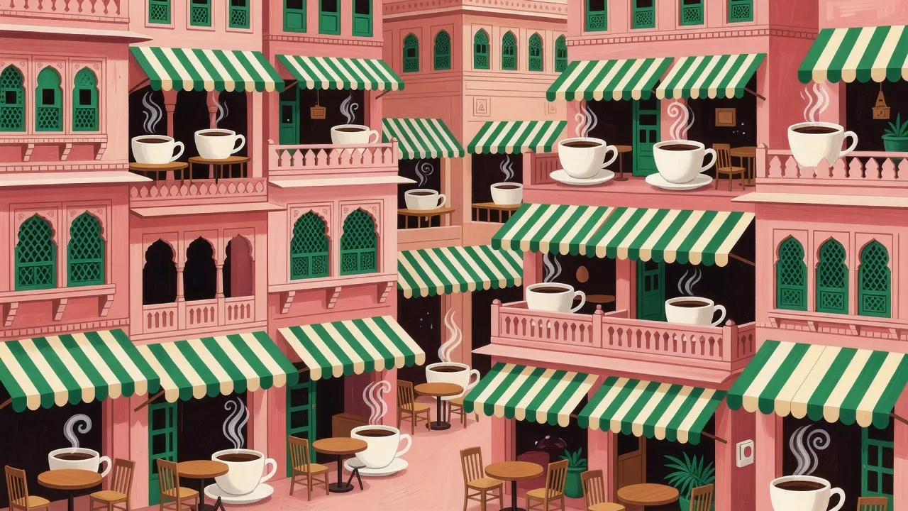 Illustration: pink-city buildings where every shopfront and balcony is a cafe